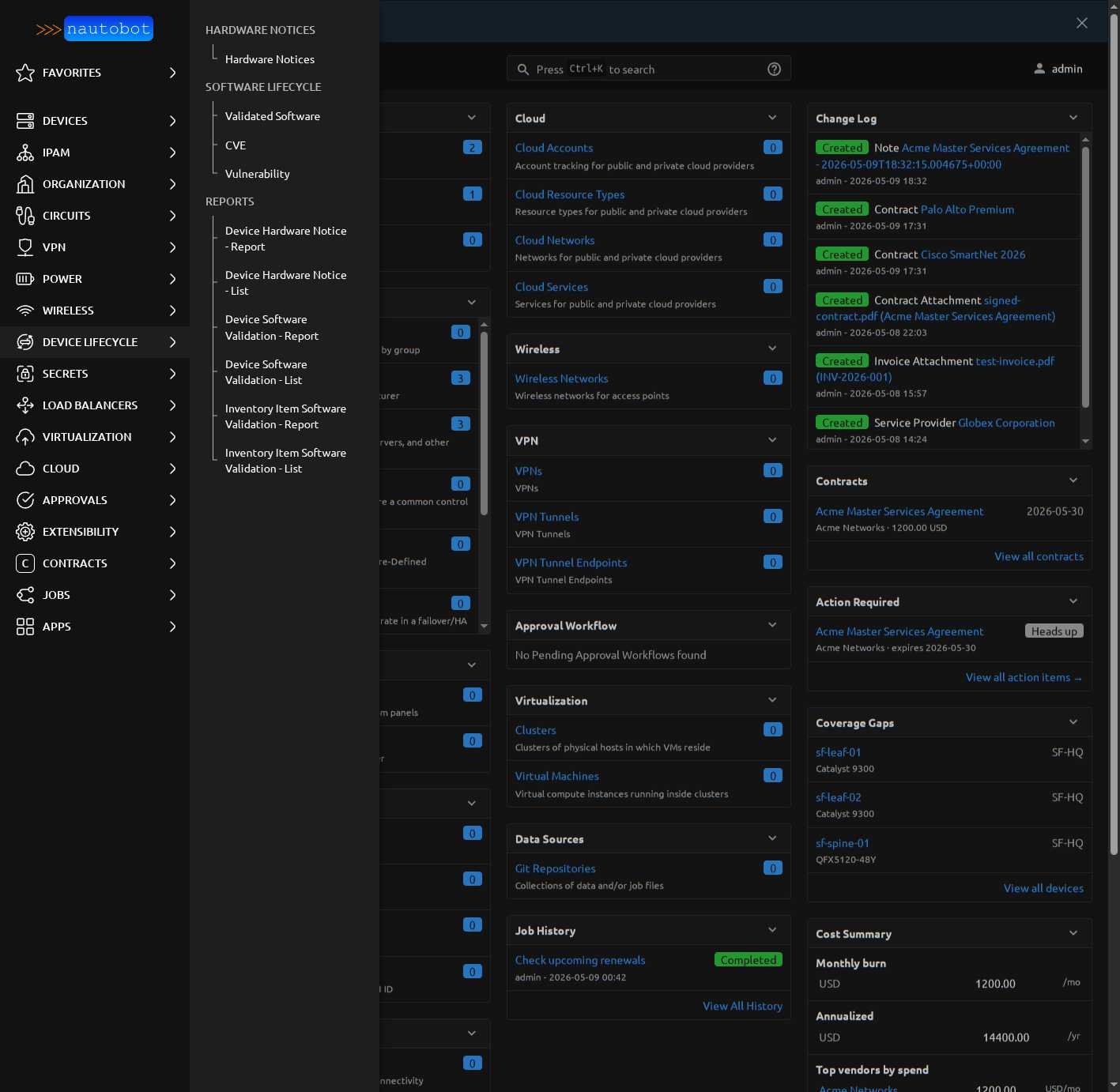Device Lifecycle sidebar with DLM contracts hidden — Hardware Notices, Software Lifecycle, Reports survive
