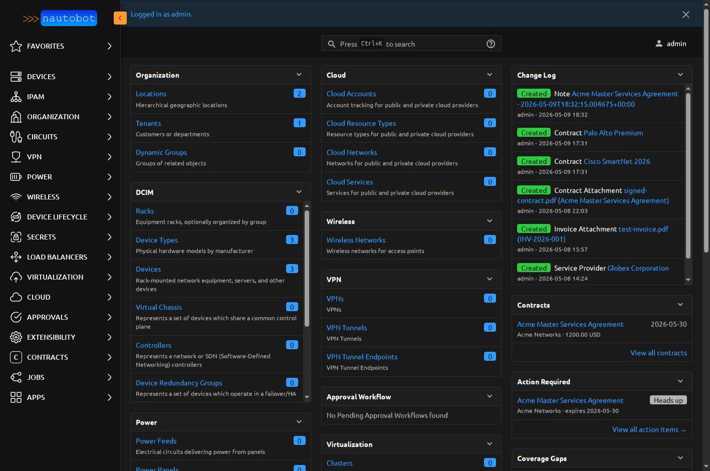 Home page with DLM contracts nav hidden; our Cost Summary / Renewal Forecast / Coverage Gaps panels are the canonical surfaces