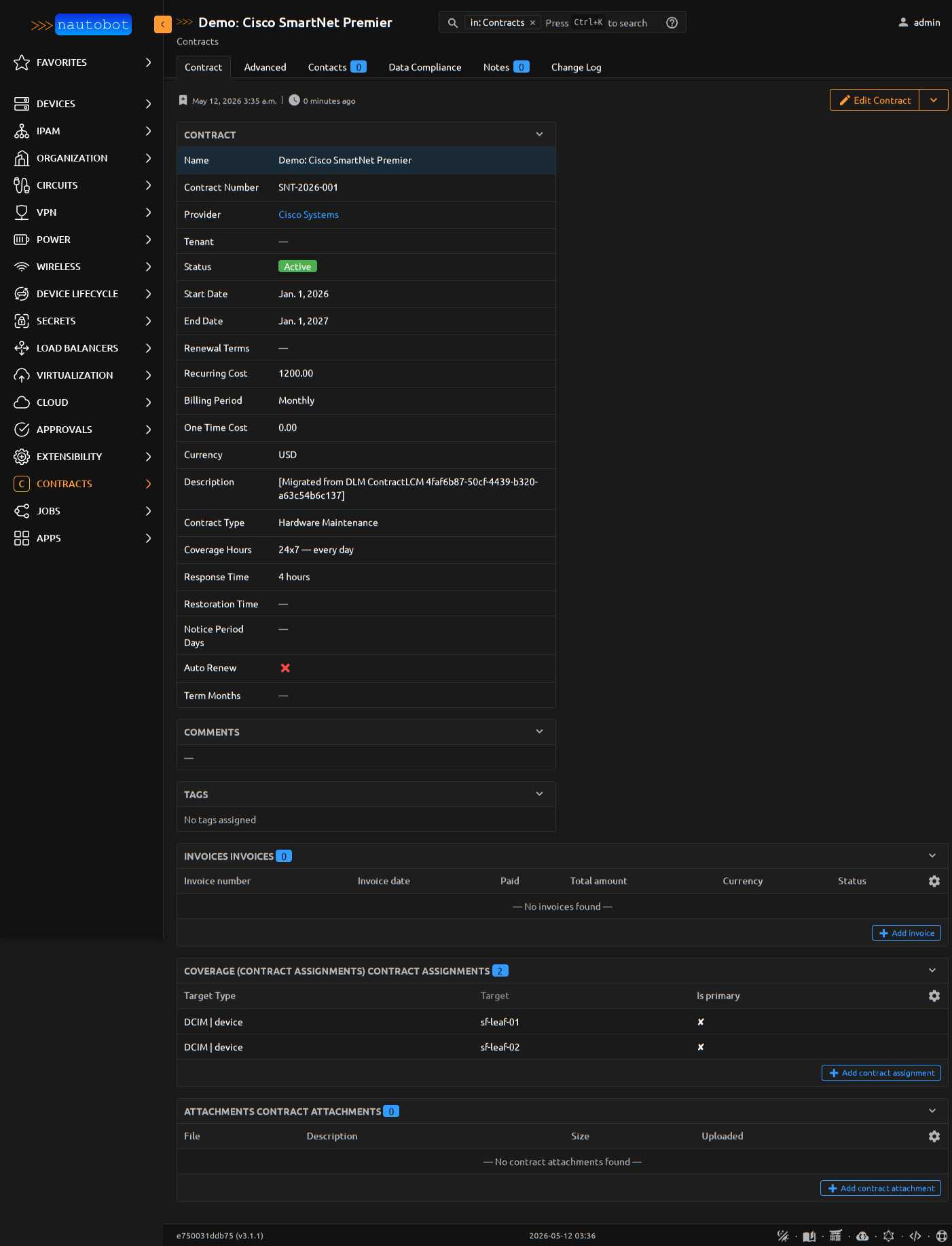Migrated contract detail: audit breadcrumb, enum-mapped Coverage Hours / Response Time / Contract Type, plus 2 device assignments