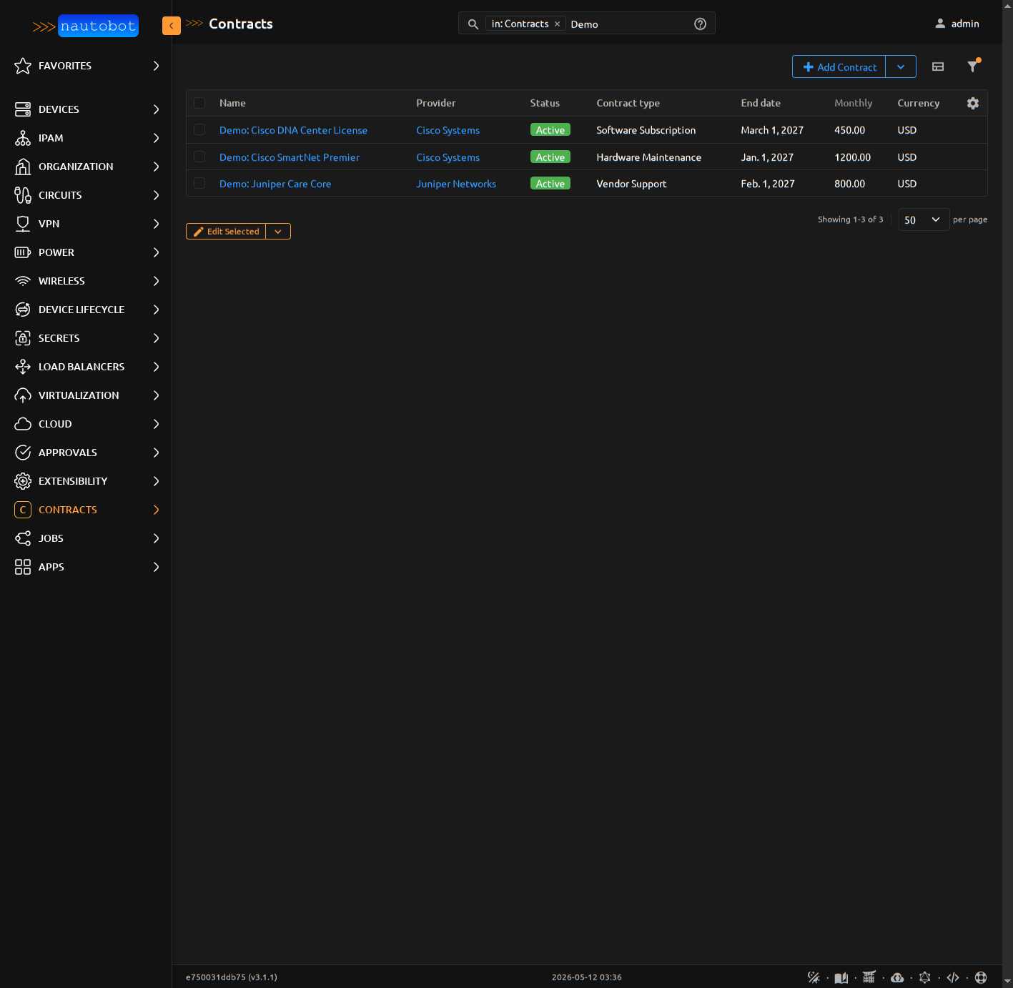 Our Contracts list showing the 3 newly-migrated rows with correctly-mapped contract_type enums