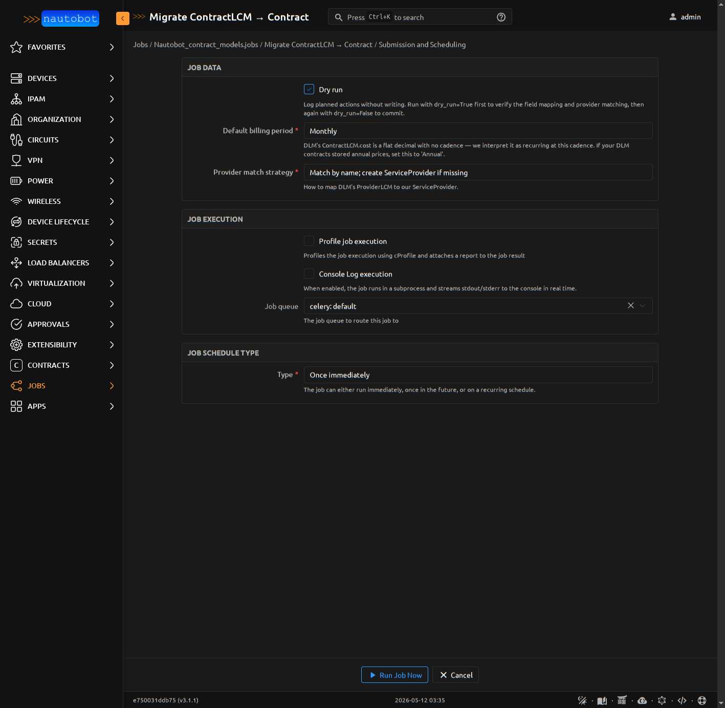 Migration Job run form with the three operator vars